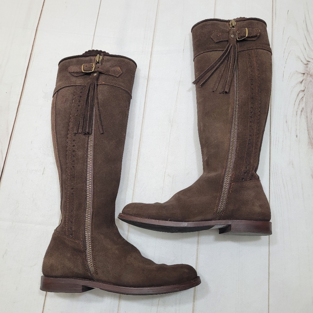 Really wild Spanish tall brown suede leather riding boots kate Middleton